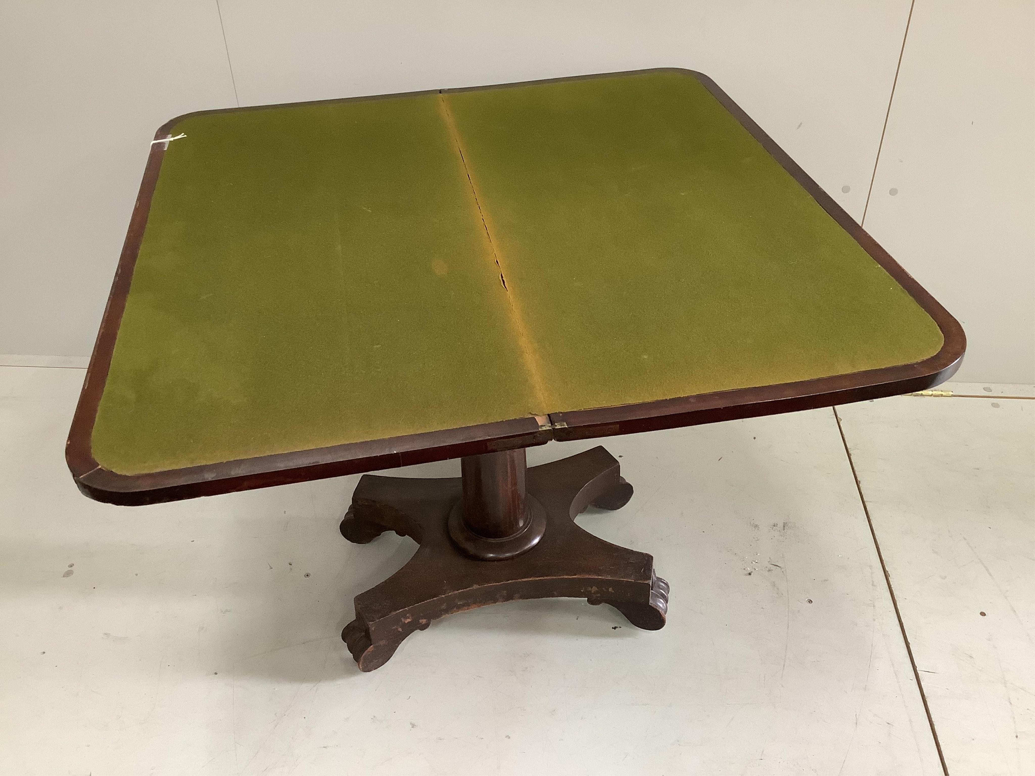 An early Victorian rosewood banded mahogany folding card table, width 90cm, depth 45cm, height 73cm. Condition - fair